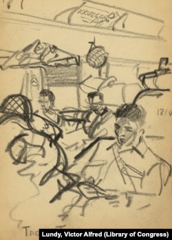 Sketch showing soldiers seated on train bound for New York Harbor.