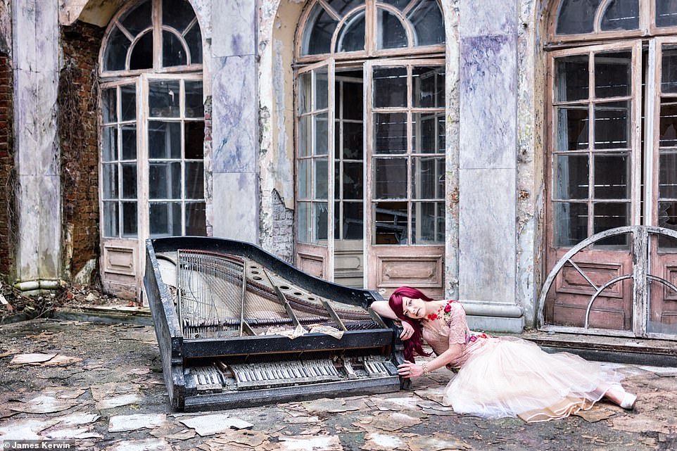 Jade lays against a smashed up piano outside a derelict palace in central Poland in a shot captured last spring 