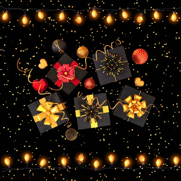Рождественский Блестящий Черный Фон Новый Год Черный Ящик Золотой Лук Лицензионные Стоковые Изображения