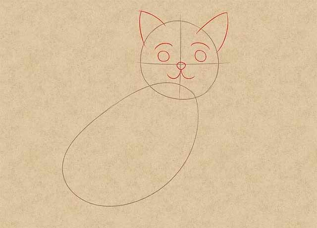 Как нарисовать кошку анимэ - Нарисуйте глаза двумя маленькими кружочками, нарисуйте нос и рот.