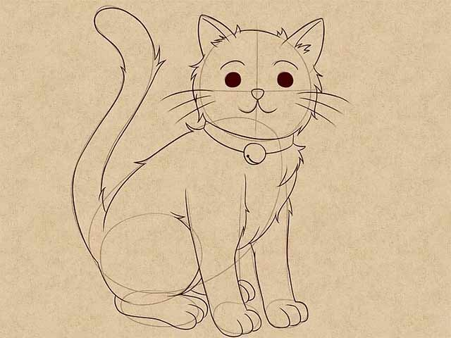 Как нарисовать кошку анимэ - Сделайте набросок всего тела целиком и добавьте несколько пушистых деталей.