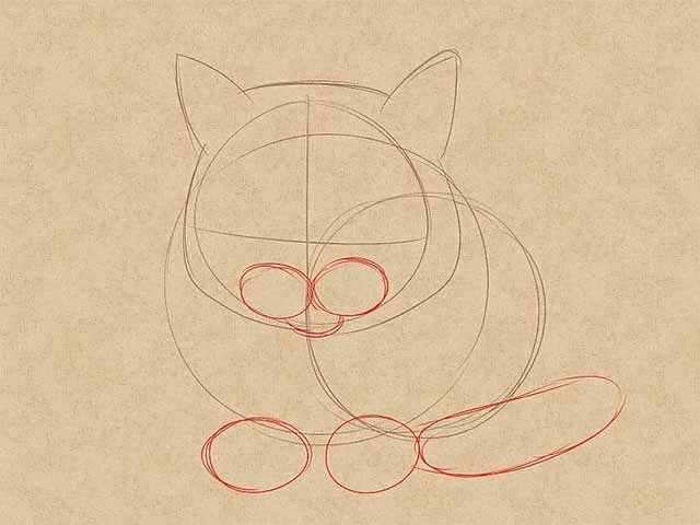 Как нарисовать лежачую кошку спереди - Добавьте два маленьких приплюснутых круга в нижней части головы