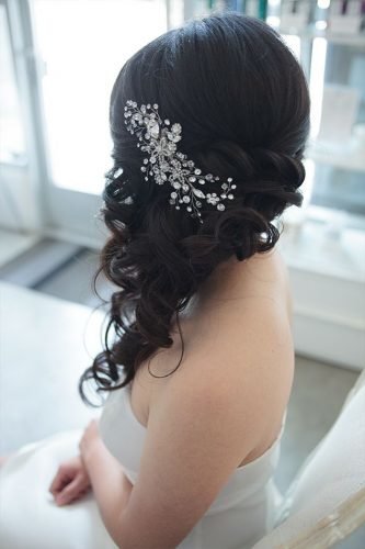 classic wedding hairstyles side swept dark hair down with silver pin kellyzhangstudio