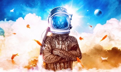 космонавт рыбы облака планета свечение