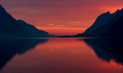 закат озеро горы силуэт горизонт