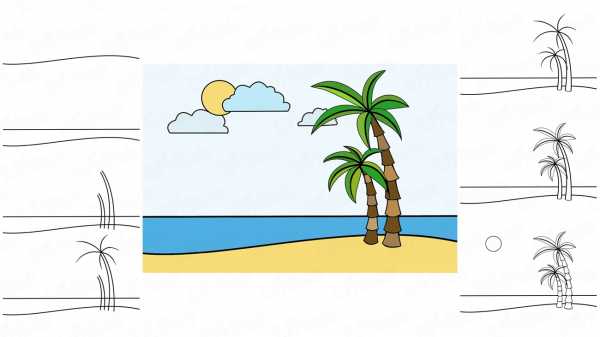 Пляж рисунок для детей карандашом